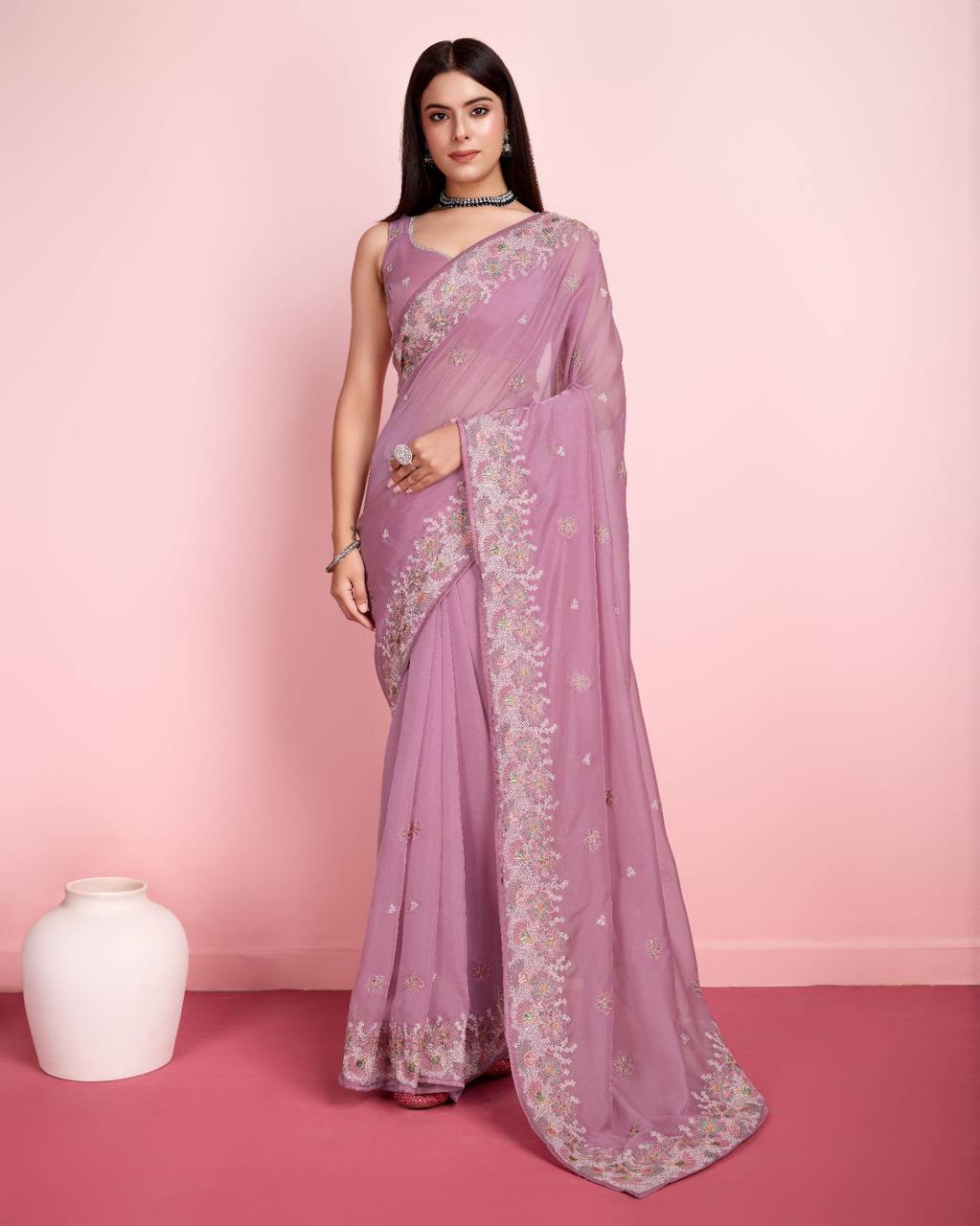 Exquisite Taby Silk Organza Onion Color Saree with Embroidery Colorful Saree