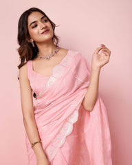 Exquisite Taby Silk Organza Pink Saree with Embroidered Sequin Pallu & Blouse Colorful Saree