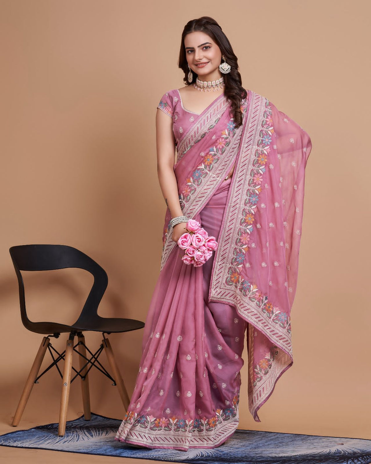 Exquisite Taby Silk Organza Pink Saree with  Embroidery - Perfect for Weddings Colorful Saree