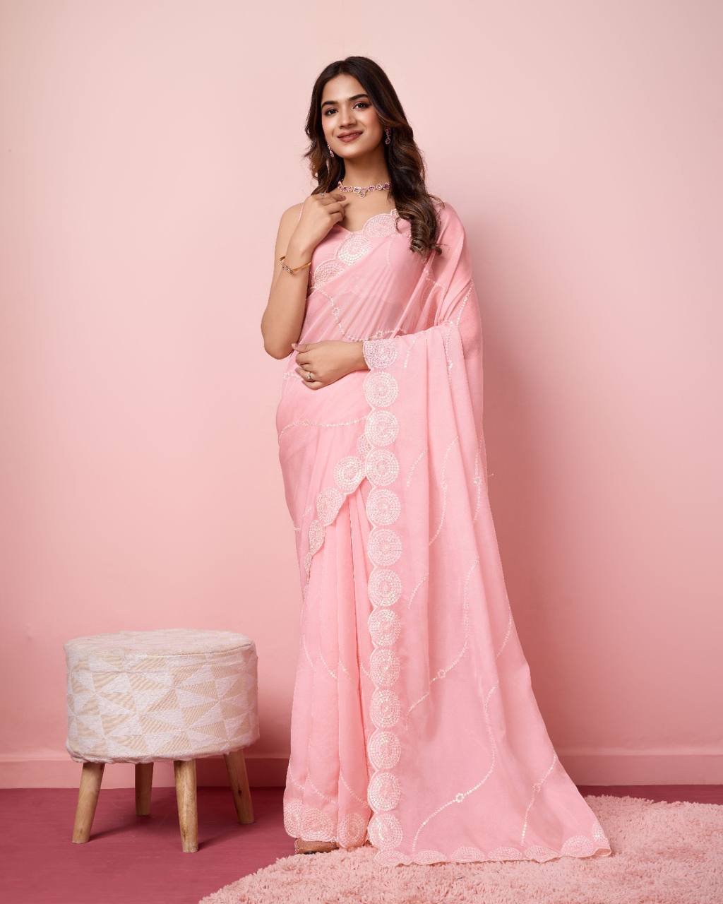 Exquisite Taby Silk Organza Pink Saree with Embroidered Sequin Pallu & Blouse Colorful Saree