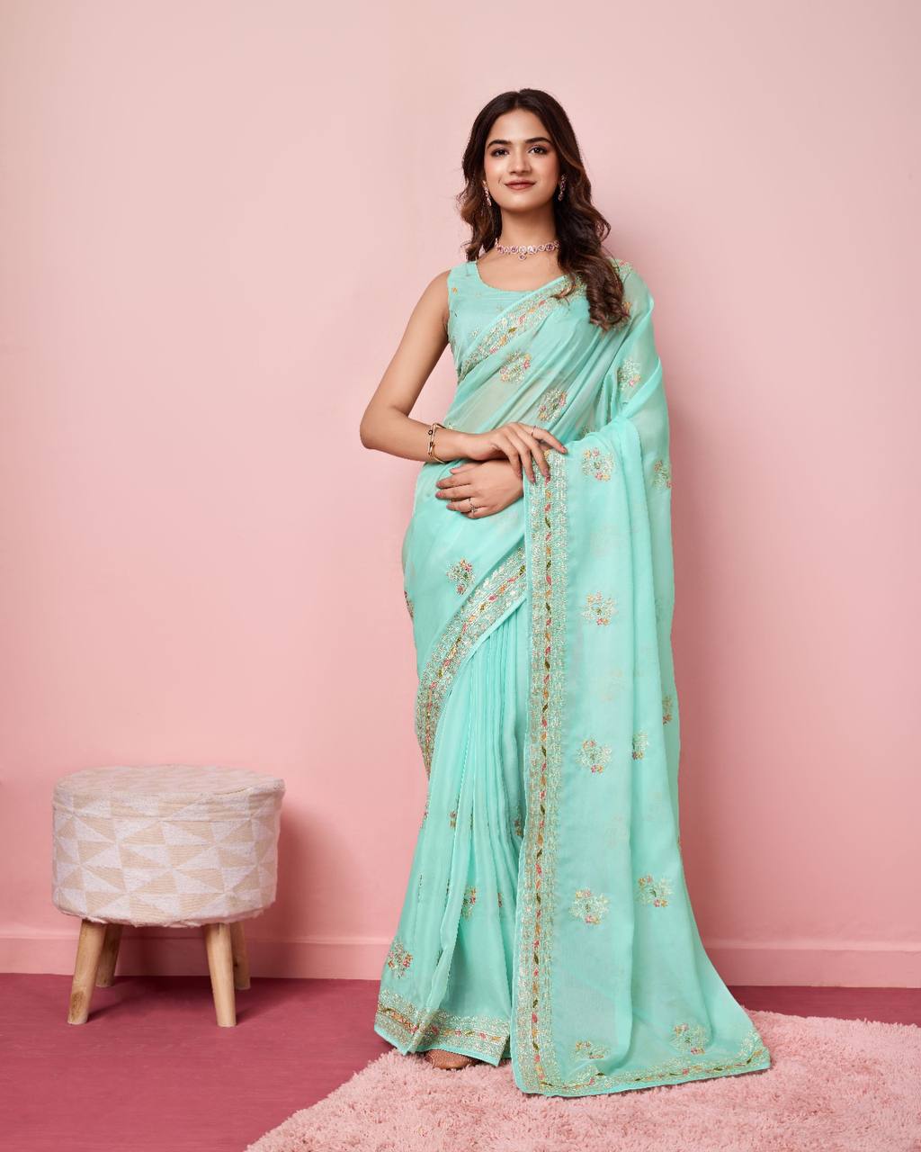 Exquisite Taby Silk Organza Sky Blue Saree With Blouse Piece Colorful Saree