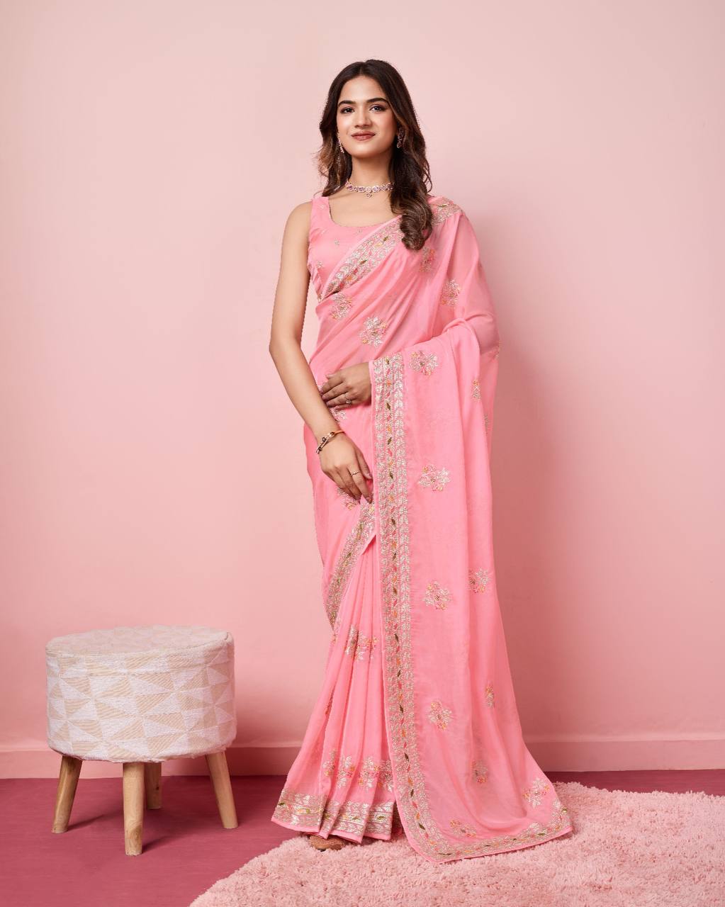 Exquisite Taby Silk Organza Sky Pink Saree With Blouse Piece Colorful Saree