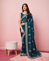 Exquisite Taby Silk Organza Teal Blue Saree With Blouse Piece Colorful Saree