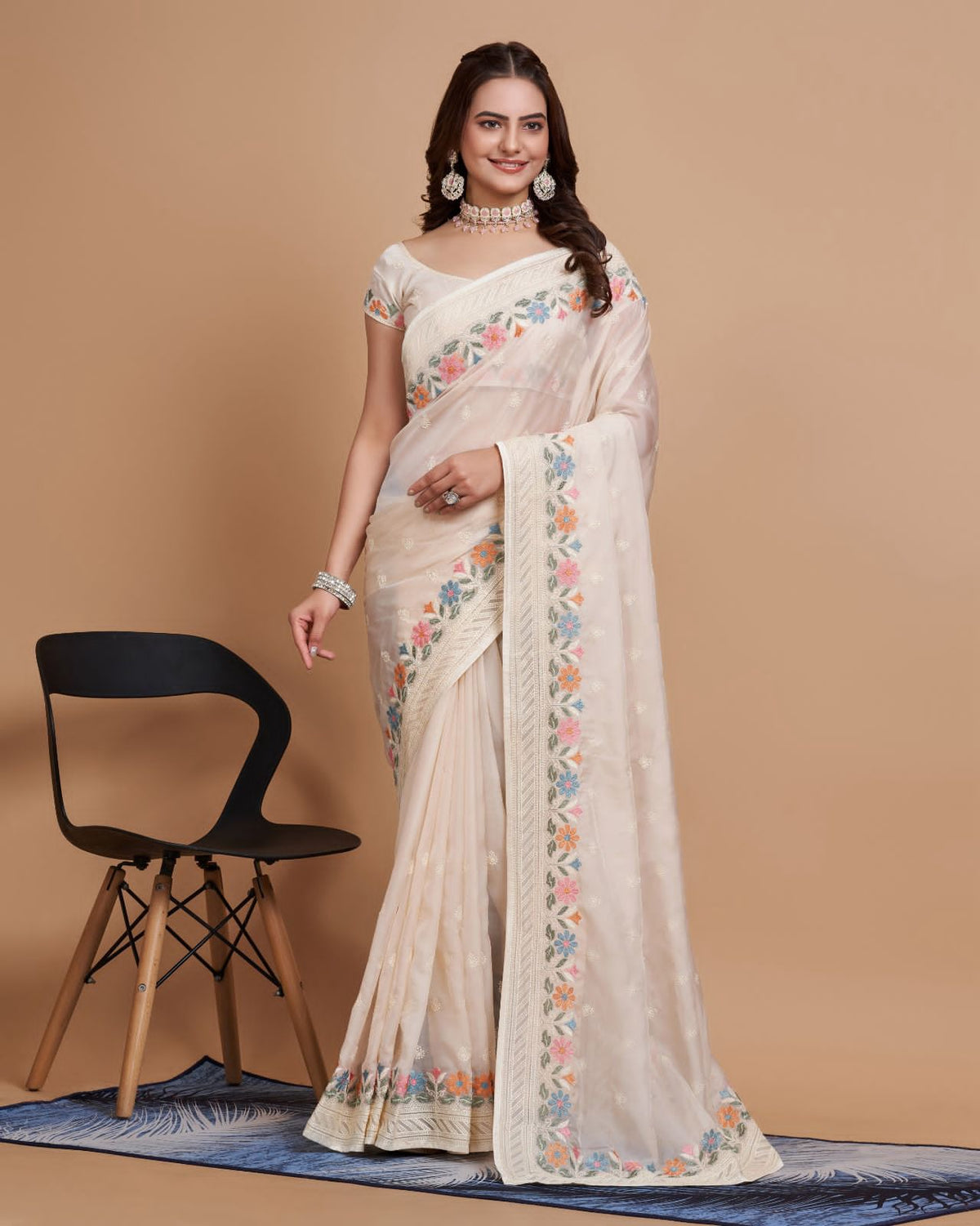 Exquisite Taby Silk Organza  White Saree with  Embroidery - Perfect for Weddings Colorful Saree