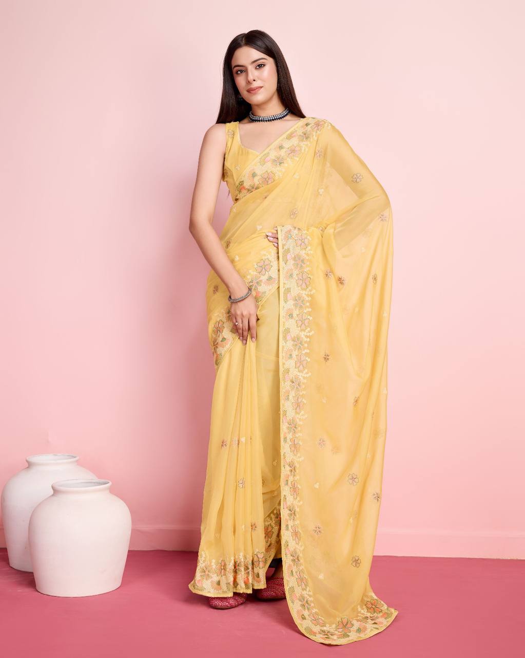 Exquisite Taby Silk Organza Yellow Saree with Embroidery Colorful Saree