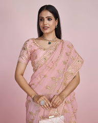 Exquisite Wedding Baby Pink Saree: Taby Silk Organza with All-Over Embroidery Colorful Saree