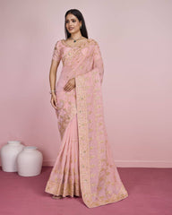 Exquisite Wedding Baby Pink Saree: Taby Silk Organza with All-Over Embroidery Colorful Saree