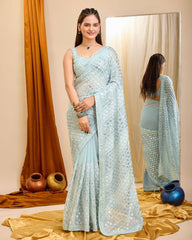 Exquisite Wedding Blue Saree: Shimmering Georgette with All-Over Sequenced Work Colorful Saree