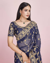 Exquisite Wedding Navy Blue Saree: Taby Silk Organza with All-Over Embroidery Colorful Saree