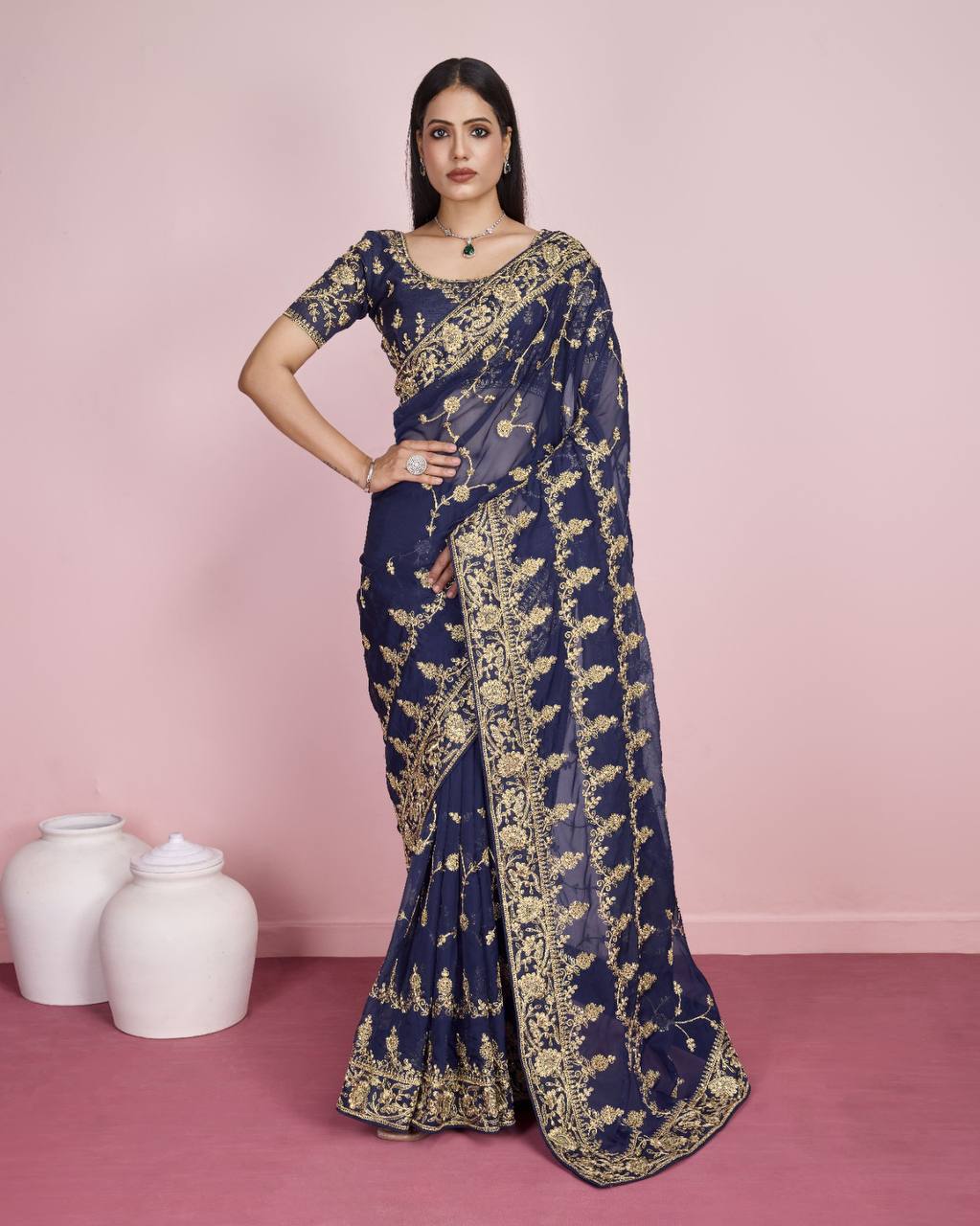 Exquisite Wedding Navy Blue Saree: Taby Silk Organza with All-Over Embroidery Colorful Saree