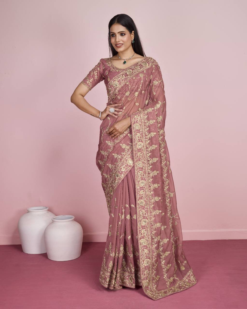 Exquisite Wedding Onion Color Saree: Taby Silk Organza with All-Over Embroidery Colorful Saree