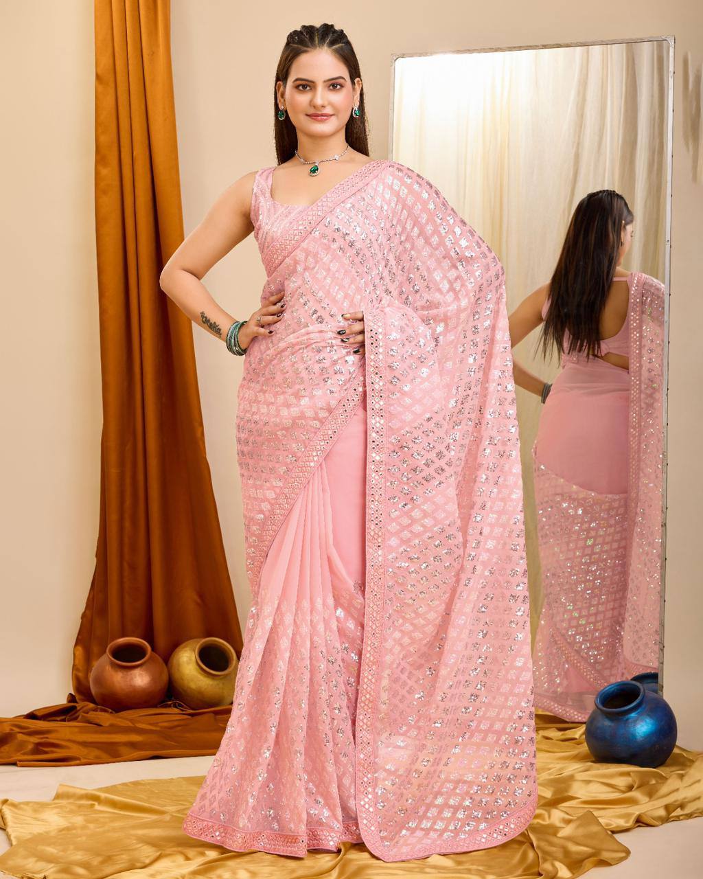 Exquisite Wedding Pink Saree: Shimmering Georgette with All-Over Sequenced Work Colorful Saree