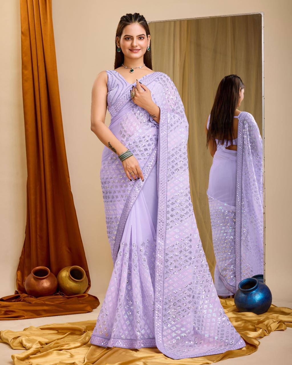 Exquisite Wedding Purple Saree: Shimmering Georgette with All-Over Sequenced Work Colorful Saree