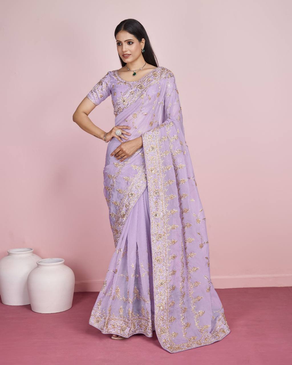 Exquisite Wedding Purple Saree: Taby Silk Organza with All-Over Embroidery Colorful Saree