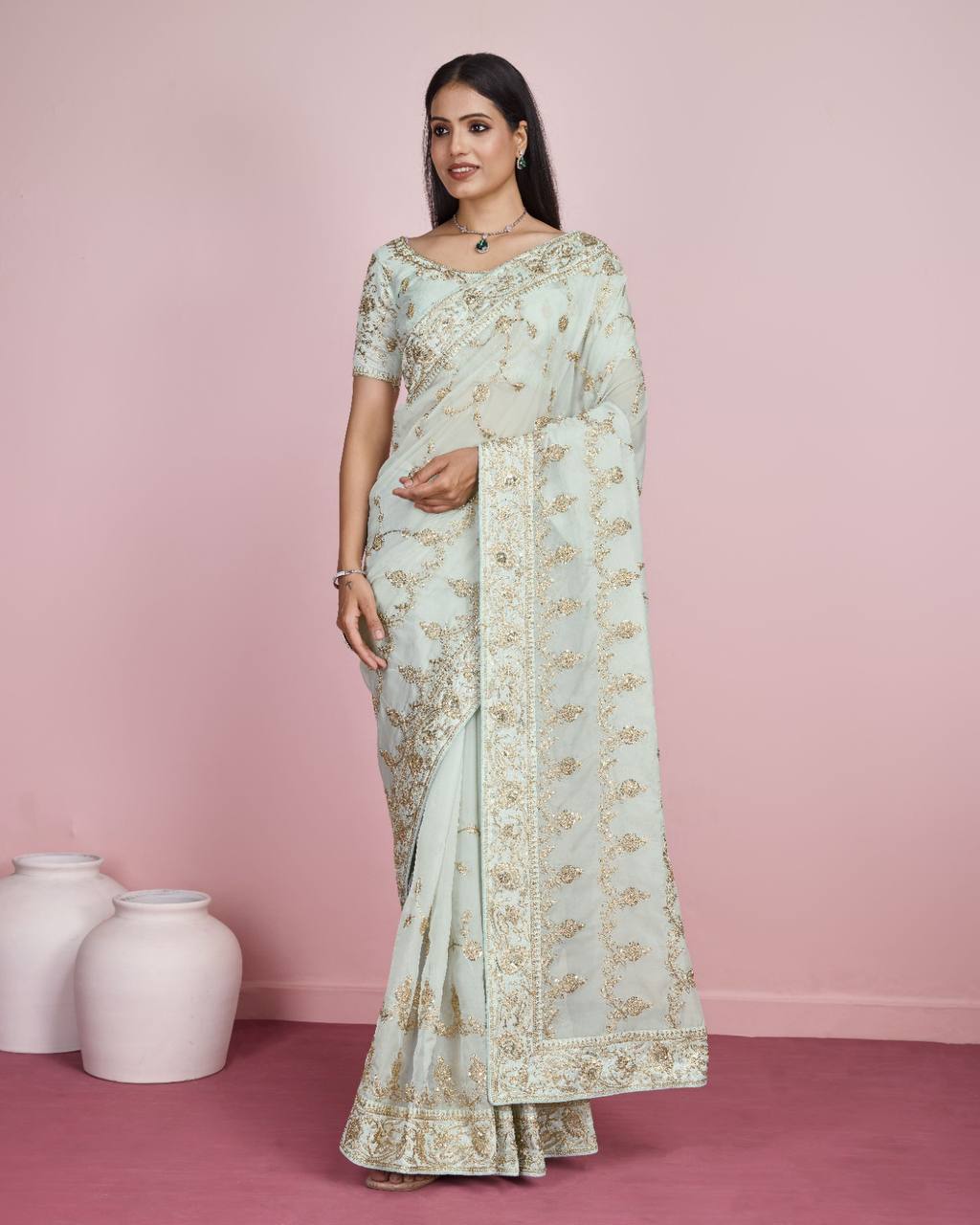 Exquisite Wedding Sky Blue Saree: Taby Silk Organza with All-Over Embroidery Colorful Saree