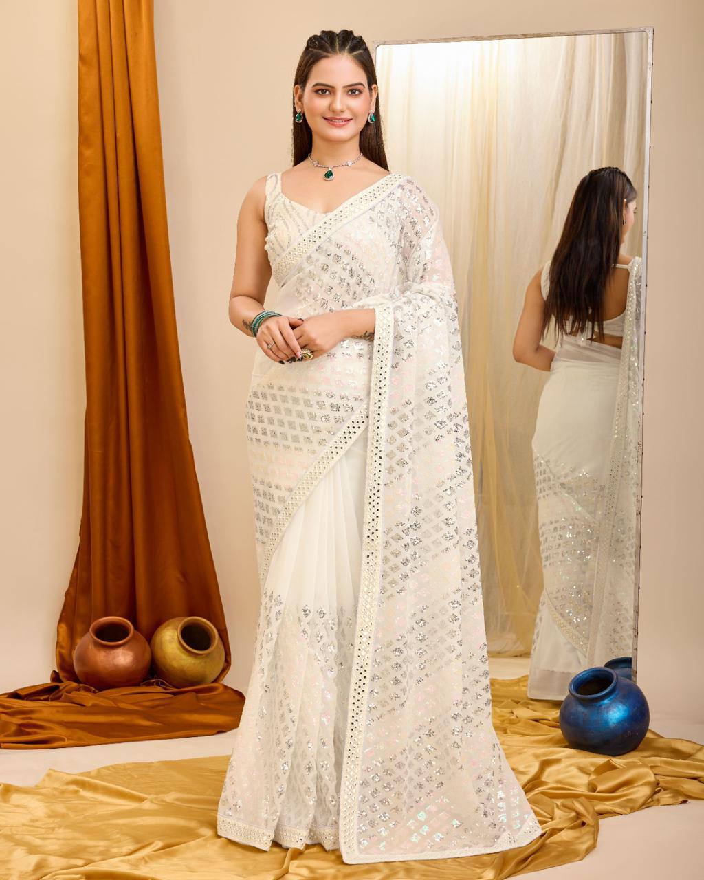 Exquisite Wedding White Saree: Shimmering Georgette with All-Over Sequenced Work Colorful Saree