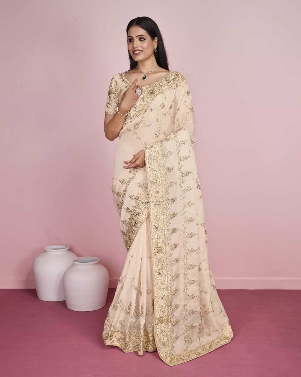 Exquisite Wedding White Saree: Taby Silk Organza with All-Over Embroidery Colorful Saree