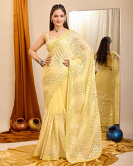 Exquisite Wedding Yellow Saree: Shimmering Georgette with All-Over Sequenced Work Colorful Saree