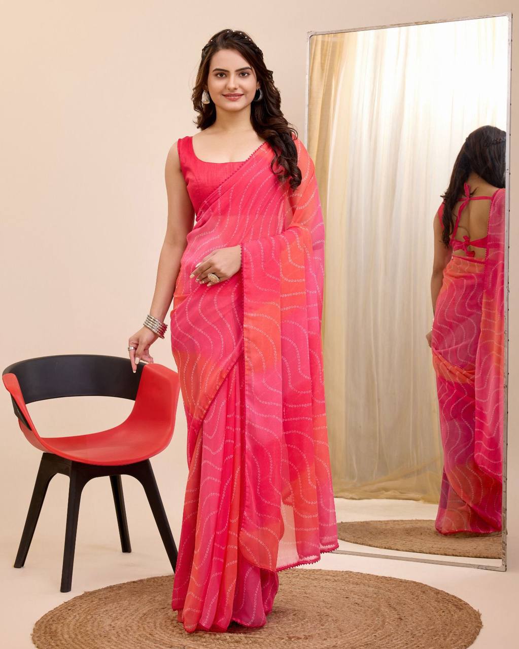 Georgette Baby Pink Saree with Un-stitched Mono Banglory Blouse Colorful Saree