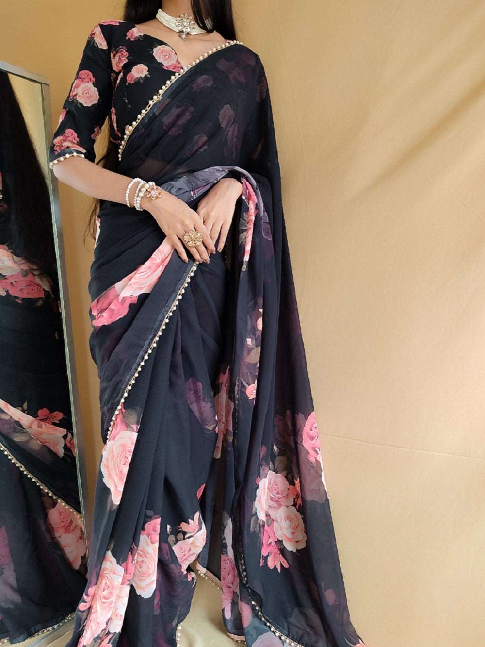 Black Color printed With Peral Lace Border Georgette Saree - Colorful Saree