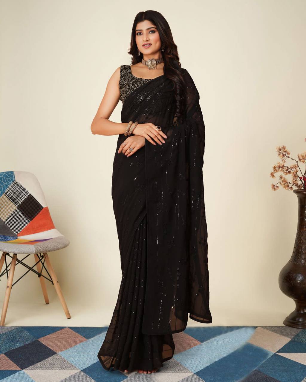 Georgette Black Saree with Multi & Sequence Work, Mono Banglory Silk Blouse Colorful Saree