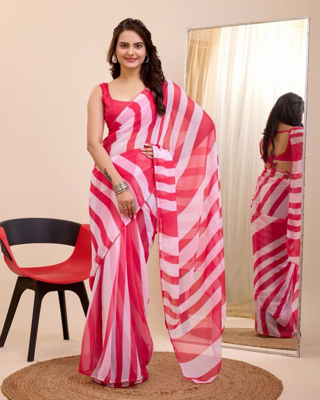 Georgette Pink Saree with Un-stitched Mono Banglory Blouse Colorful Saree