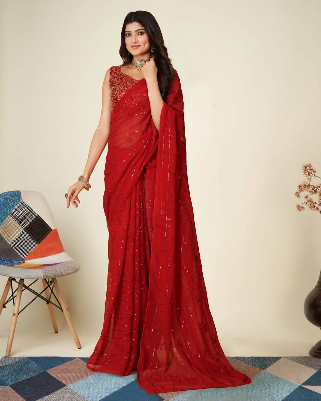 Georgette Red Saree with Multi & Sequence Work, Mono Banglory Silk Blouse Colorful Saree