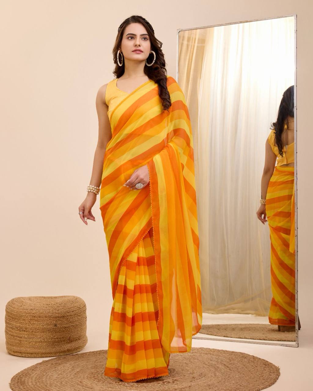 Georgette Yellow Saree with Un-stitched Mono Banglory Blouse Colorful Saree