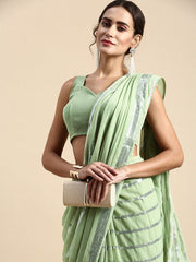 Glamorous Georgette Mint Green Saree with Sequined Design and Plain Blouse Piece Colorful Saree