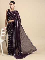 Glamorous Georgette Wine Saree with Sequined Design and Plain Blouse Piece Colorful Saree