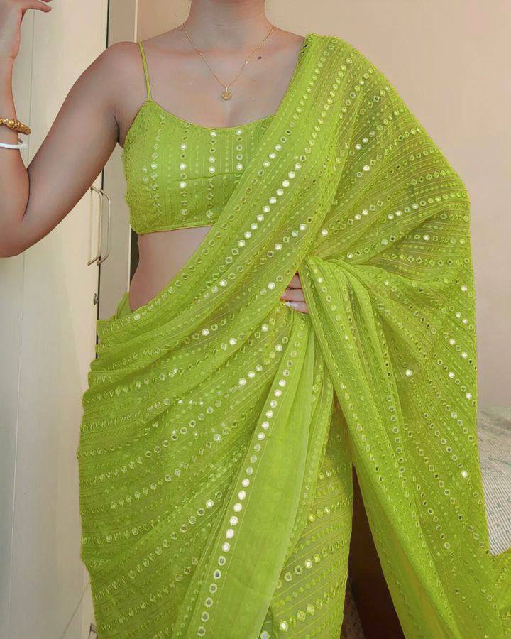 Gorgeous Georgette Green Saree with Sequin Work and Mono Banglory Blouse Colorful Saree