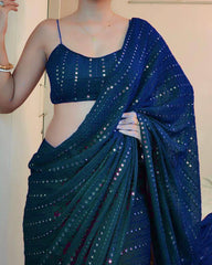 Gorgeous Georgette Navy Blue Saree with Sequin Work and Mono Banglory Blouse Colorful Saree