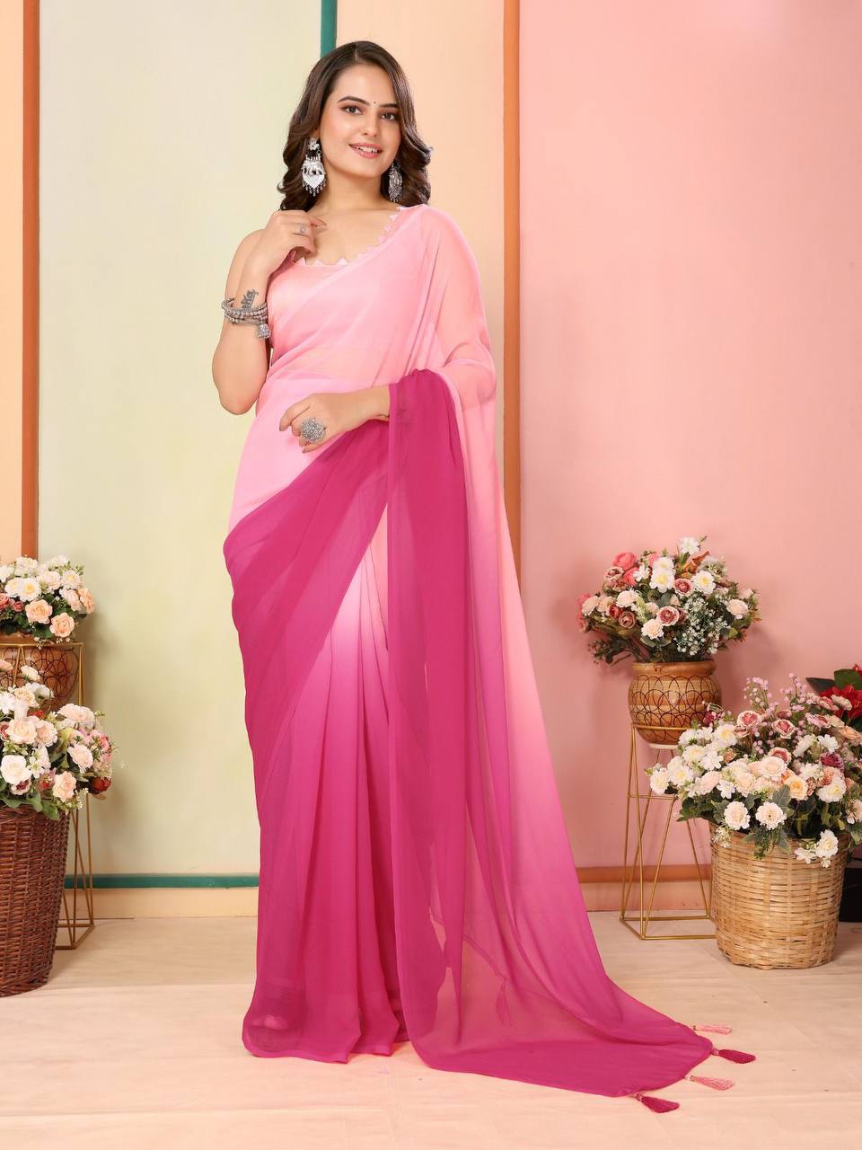 Gorgeous Georgette Pink & Baby Pink Saree with Mono Banglory Blouse Colorful Saree