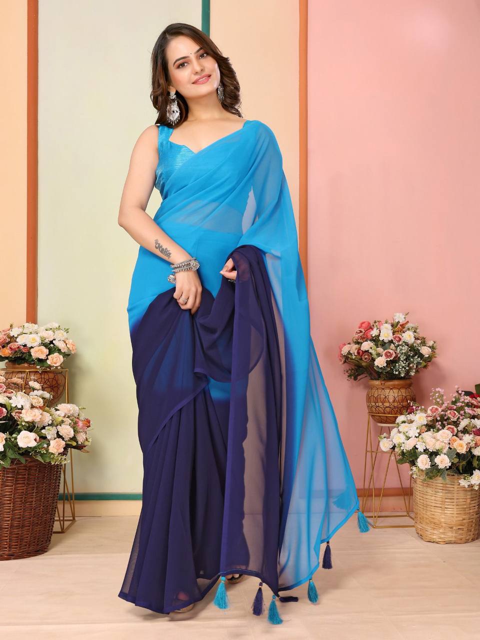 Gorgeous Georgette Sky Blue & Blue Saree with Mono Banglory Blouse Colorful Saree