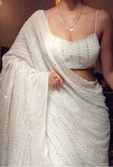 Gorgeous Georgette White Saree with Sequin Work and Mono Banglory Blouse Colorful Saree