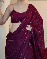 Gorgeous Georgette Wine Saree with Sequin Work and Mono Banglory Blouse Colorful Saree