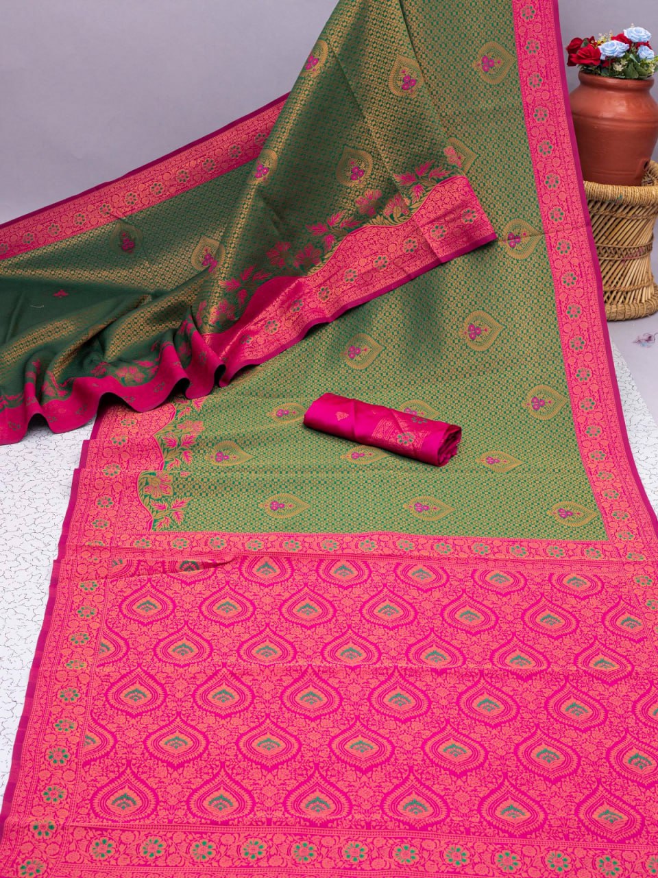 Green Banarasi Soft Silk Saree with Exquisite Copper Zari Weaving Colorful Saree