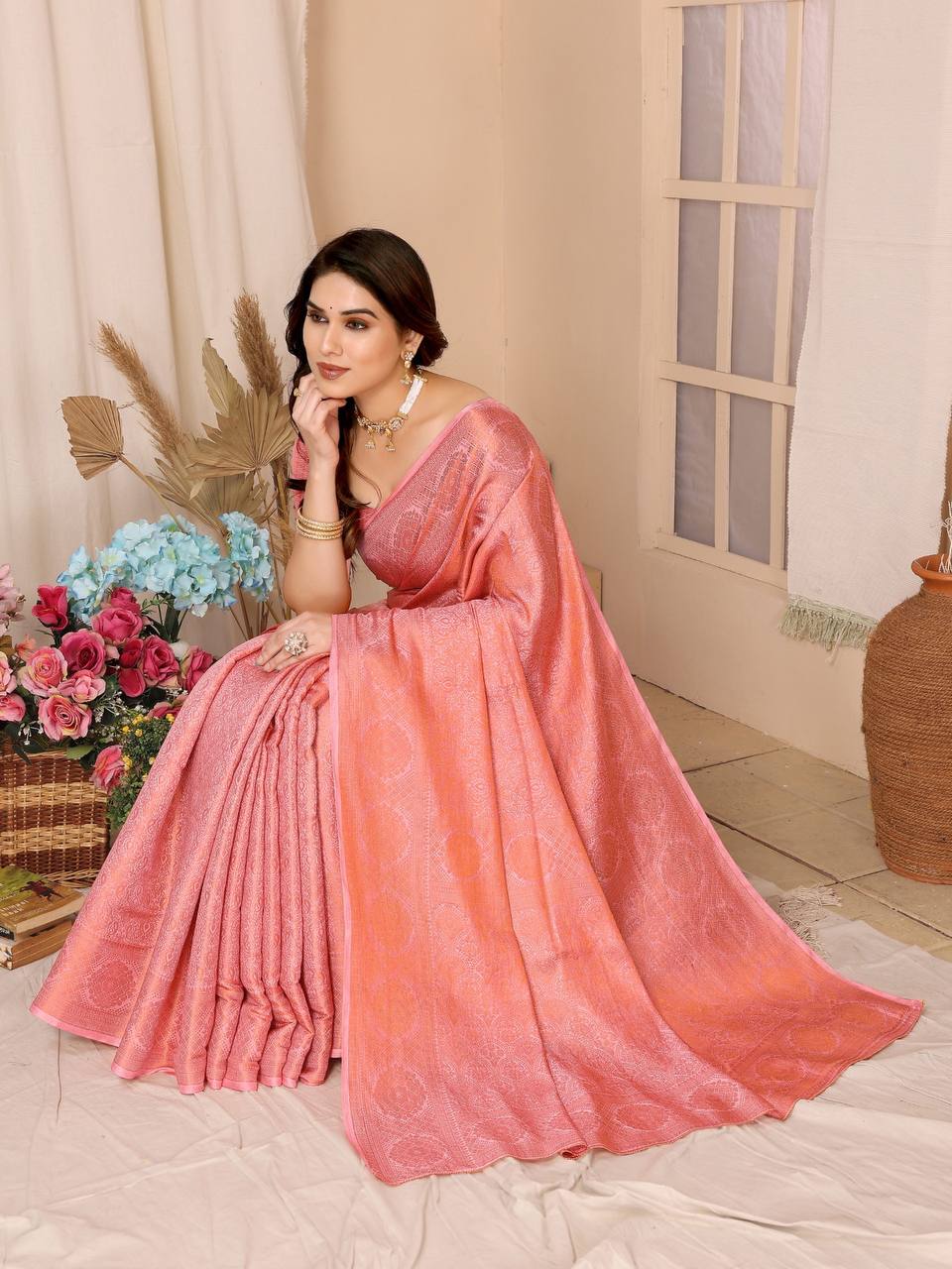 Exquisite Kanjiwaram pink Silk Saree with Rich Copper Zari Work Colorful Saree