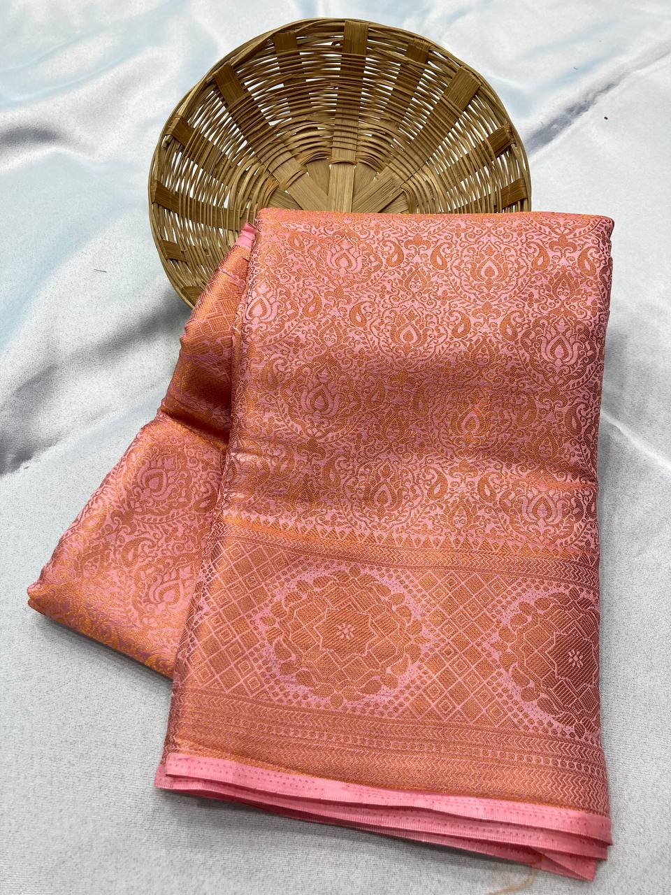 Exquisite Kanjiwaram pink Silk Saree with Rich Copper Zari Work Colorful Saree