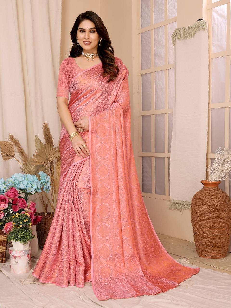 Exquisite Kanjiwaram pink Silk Saree with Rich Copper Zari Work Colorful Saree