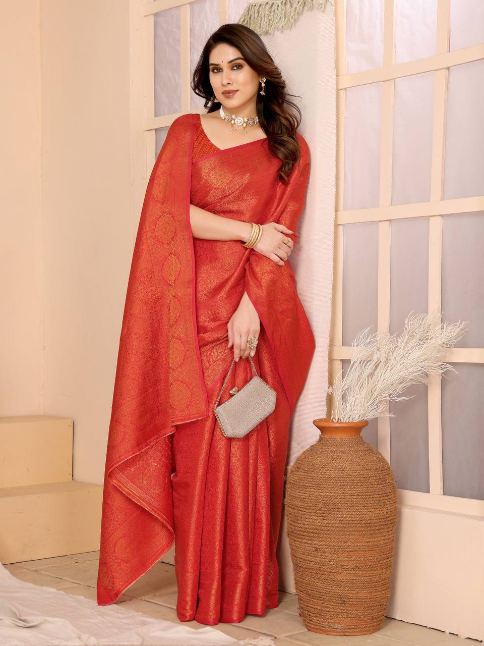 Exquisite Kanjiwaram red Silk Saree with Rich Copper Zari Work Colorful Saree