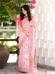 Kashmiri Weaving Baby Pink Saree - Banarasi Soft Silk Colorful Saree