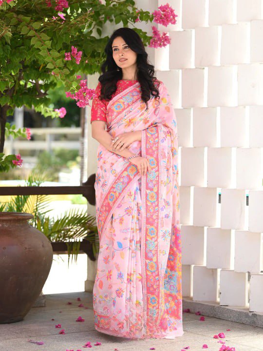 Kashmiri Weaving Baby Pink Saree - Banarasi Soft Silk Colorful Saree