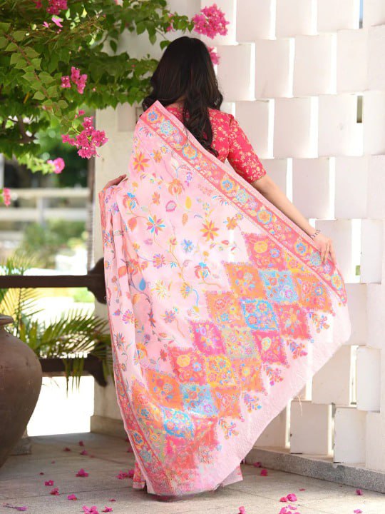 Kashmiri Weaving Baby Pink Saree - Banarasi Soft Silk Colorful Saree