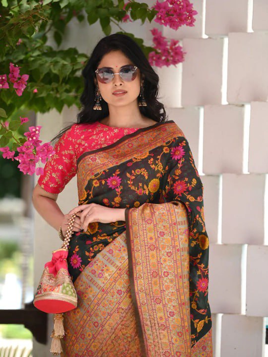 Kashmiri Weaving Black Saree - Banarasi Soft Silk Colorful Saree