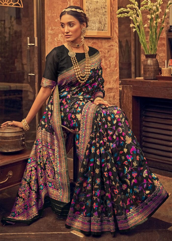 Kashmiri Weaving Black Saree - Banarasi Soft Silk Colorful Saree