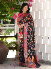 Kashmiri Weaving Black Saree - Banarasi Soft Silk Colorful Saree