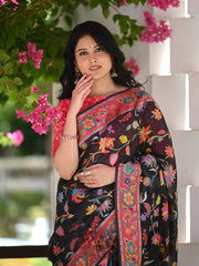 Kashmiri Weaving Black Saree - Banarasi Soft Silk Colorful Saree