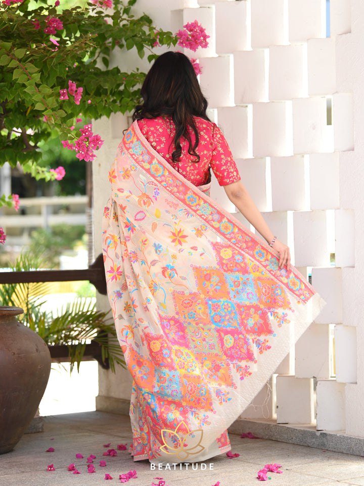 Kashmiri Weaving Peach Saree - Banarasi Soft Silk Colorful Saree