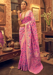 Kashmiri Weaving Pink Saree - Banarasi Soft Silk Colorful Saree